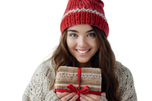 Happy young woman with Christmas gift on isolated transparent background png