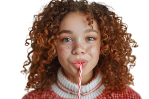 divertido linda Rizado niña haciendo gracioso cara utilizando caramelo caña en aislado transparente antecedentes png