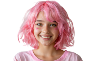 Close-up portrait of young girl wearing pink wig and shirt on isolated transparent background png