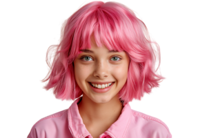 Close-up portrait of young girl wearing pink wig and shirt on isolated transparent background png