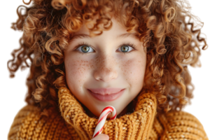 Amusing cute curly girl making funny face using candy cane on isolated transparent background png