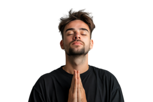 Serious man with closed eyes showing praying gesture on isolated transparent background png