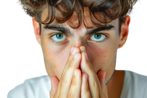 Close up portrait of young man holding his nose as if smelling something on isolated transparent background png