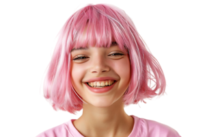 Close-up portrait of young girl wearing pink wig and shirt on isolated transparent background png