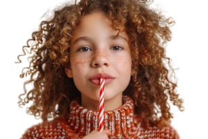 Amusing cute curly girl making funny face using candy cane on isolated transparent background png