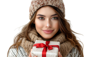 Happy young woman with Christmas gift on isolated transparent background png