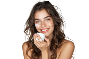 Concept of female beauty treatment. Young smiling beautiful woman on isolated transparent background png