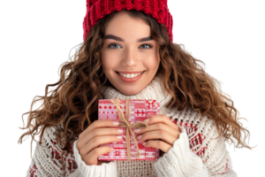 Happy young woman with Christmas gift on isolated transparent background png