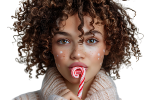 Amusing cute curly girl making funny face using candy cane on isolated transparent background png