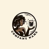 Black woman logo template with a glass of beer in her hand. illustration. vector
