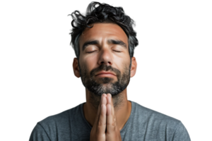 Serious man with closed eyes showing praying gesture on isolated transparent background png