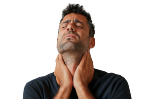 Man with painful expression rubs his neck on isolated transparent background png