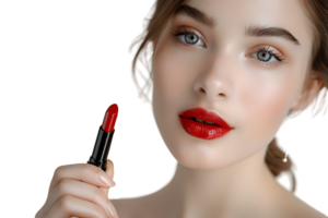 Close-up portrait of elegant woman with red lips holding lipstick on isolated transparent background png