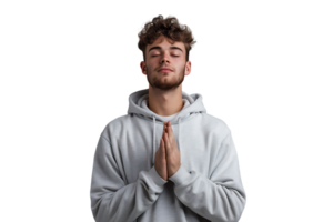 Serious man with closed eyes showing praying gesture on isolated transparent background png