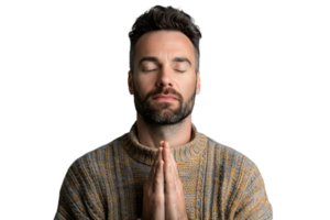 Serious man with closed eyes showing praying gesture on isolated transparent background png