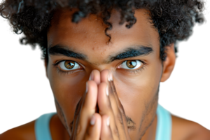 Close up portrait of young man holding his nose as if smelling something on isolated transparent background png