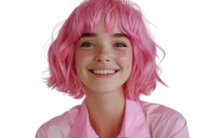 Close-up portrait of young girl wearing pink wig and shirt on isolated transparent background png