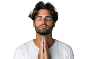 Serious man with closed eyes showing praying gesture on isolated transparent background png