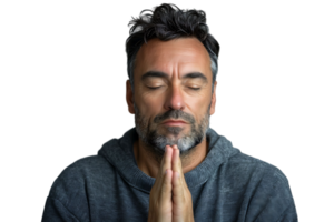 Serious man with closed eyes showing praying gesture on isolated transparent background png
