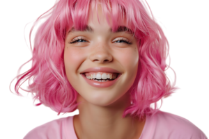 Close-up portrait of young girl wearing pink wig and shirt on isolated transparent background png