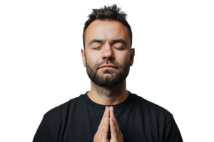 Serious man with closed eyes showing praying gesture on isolated transparent background png