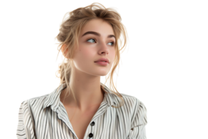 Portrait girl looking away blonde dressed in striped shirt. Fashion concept on isolated transparent background png