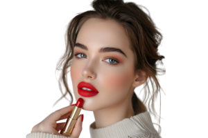 Nahansicht Porträt von elegant Frau mit rot Lippen halten Lippenstift auf isoliert transparent Hintergrund png