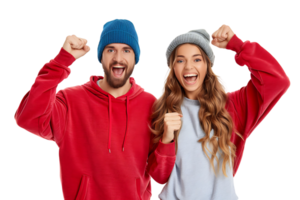 Portrait cheerful couple holding fists on isolated transparent background png