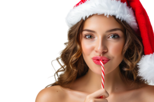 Portrait of cute woman biting christmas candy wearing santa hat. on isolated transparent background png