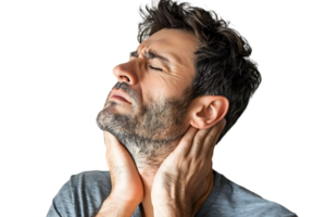 Man with painful expression rubs his neck on isolated transparent background png