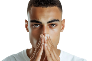 Close up portrait of young man holding his nose as if smelling something on isolated transparent background png