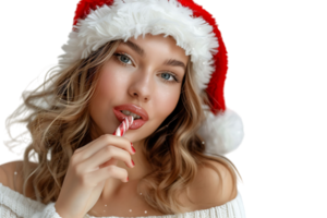 Portrait of cute woman biting christmas candy wearing santa hat. on isolated transparent background png