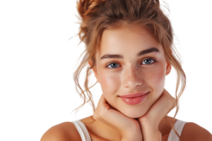 Pretty young woman at studio on isolated transparent background png