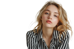 Portrait girl looking away blonde dressed in striped shirt. Fashion concept on isolated transparent background png