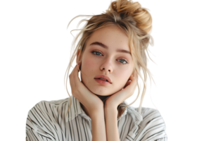 Portrait girl looking away blonde dressed in striped shirt. Fashion concept on isolated transparent background png