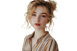 Portrait girl looking away blonde dressed in striped shirt. Fashion concept on isolated transparent background png