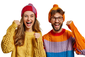 Portrait cheerful couple holding fists on isolated transparent background png