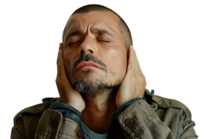Man with painful expression rubs his neck on isolated transparent background png