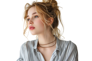 Portrait girl looking away blonde dressed in striped shirt. Fashion concept on isolated transparent background png