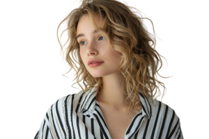 Portrait girl looking away blonde dressed in striped shirt. Fashion concept on isolated transparent background png