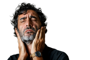 Man with painful expression rubs his neck on isolated transparent background png