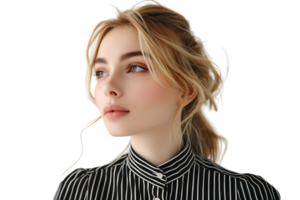 Portrait girl looking away blonde dressed in striped shirt. Fashion concept on isolated transparent background png