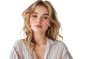 Portrait girl looking away blonde dressed in striped shirt. Fashion concept on isolated transparent background png