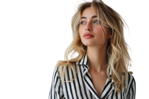 Portrait girl looking away blonde dressed in striped shirt. Fashion concept on isolated transparent background png