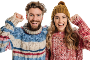 Portrait cheerful couple holding fists on isolated transparent background png