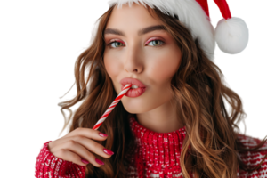 Portrait of cute woman biting christmas candy wearing santa hat. on isolated transparent background png