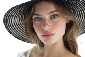 ritratto di bellissimo donna modello indossare nero il giro estate cappello su isolato trasparente sfondo png