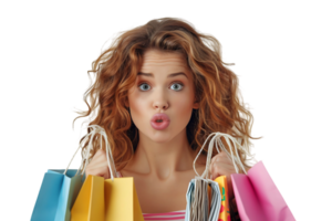 Beautiful emotional woman enjoying shopping on isolated transparent background png