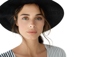 Portrait of beautiful woman model wearing black round summer hat on isolated transparent background png