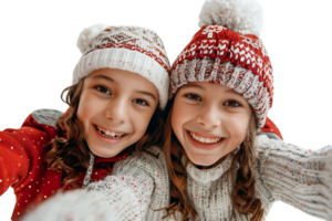 Photo of two positive kids relatives hug take selfie beaming smile wear xmas hat jumper on isolated transparent background png